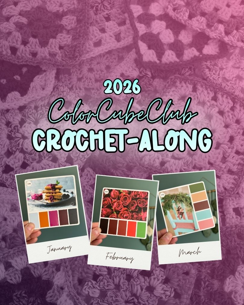 Promotional graphic for 2026 ColorCubeClub Crochet-Along with images of color swatches for January, February, and March on a textured purple background.