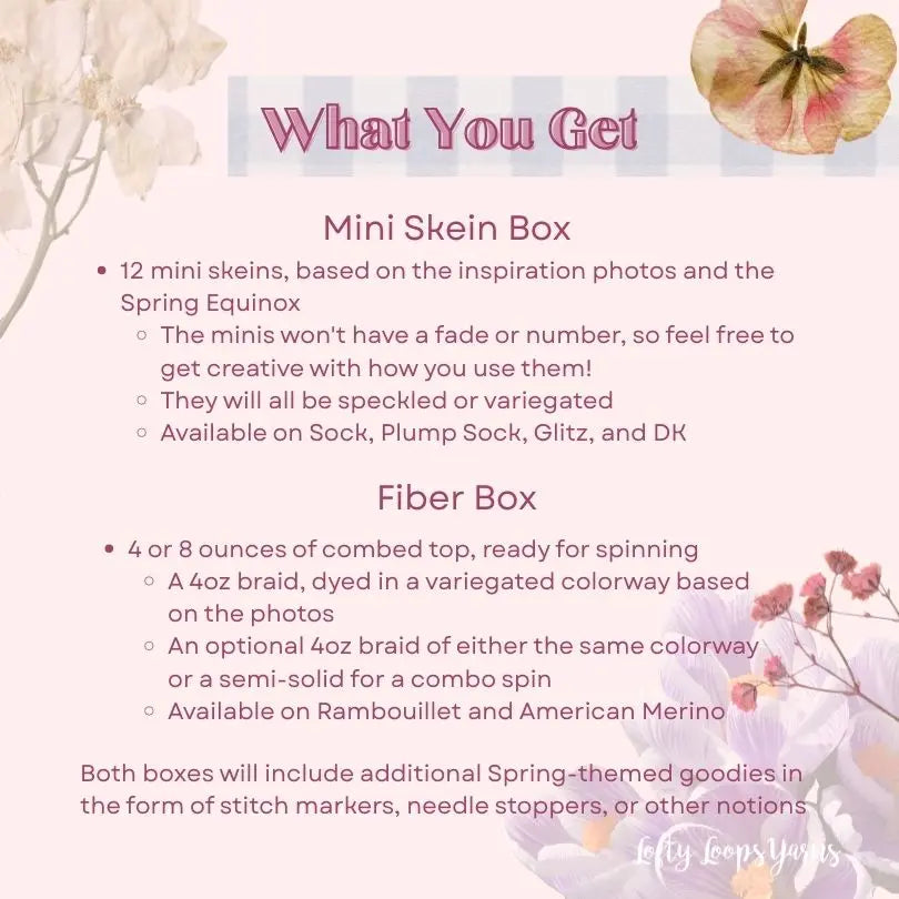 Product description card for mini skein box and fiber box with text and floral elements.
