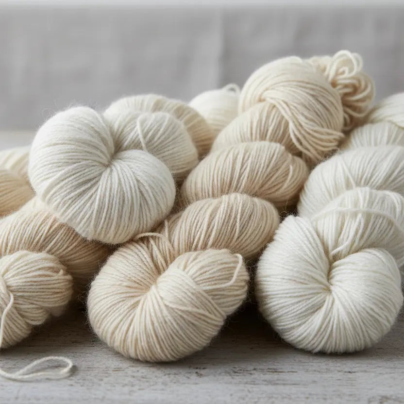 White yarn skeins on a wooden surface with a neutral background